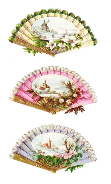 Framed Print : Fans with winter scenes on three Victorian scraps Framed Print : Fans with winter scenes on three Victorian scraps