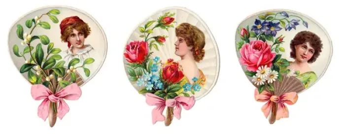 Framed Print : Fans with women and flowers on three Victorian scraps Framed Print : Fans with women and flowers on three Victorian scraps