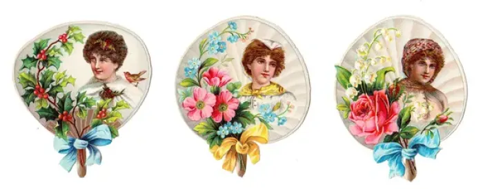 Framed Print : Fans with women and flowers on three Victorian scraps Framed Print : Fans with women and flowers on three Victorian scraps