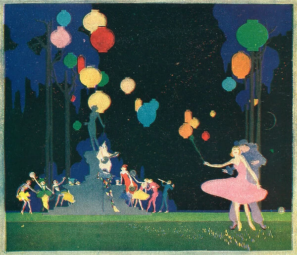 Fantasia. A colourful tempera painting depicting a jolly festival of clowns