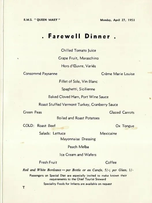 Framed Print : Farewell Dinner Menu, Cunard liner, RMS Queen Mary Framed Print : Farewell Dinner Menu, Cunard liner, RMS Queen Mary