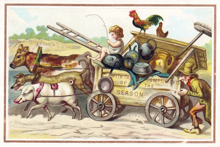 Framed Print : Farm cart with animals on a Christmas card Framed Print : Farm cart with animals on a Christmas card