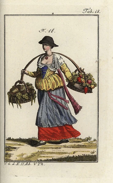 A farm girl from Pavia, Italy, carrying baskets