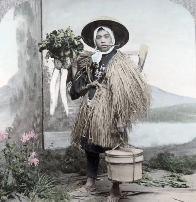 Framed Print : Farm labourer, grass coat and vegetables, Japan, c. 1900 Framed Print : Farm labourer, grass coat and vegetables, Japan, c. 1900