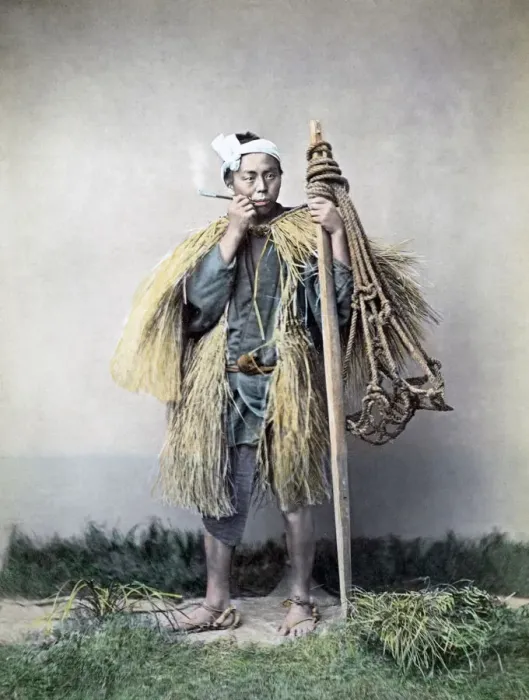 Framed Print : Farm labourer smoking, Japan, circa 1880s. Date: circa 1880s Framed Print : Farm labourer smoking, Japan, circa 1880s. Date: circa 1880s