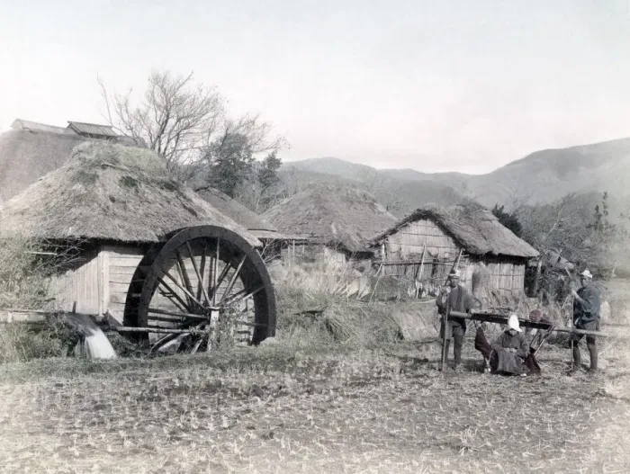 Framed Print : Farm scene - water wheel and carrying chair, Japan, c. 1880 s Framed Print : Farm scene - water wheel and carrying chair, Japan, c. 1880 s