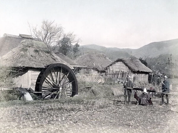 Farm scene - water wheel and carrying chair, Japan, c. 1880 s