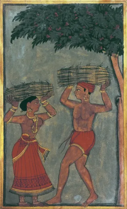 Framed Print : Farmers carrying straw-bales. Hindu art. Miniature Framed Print : Farmers carrying straw-bales. Hindu art. Miniature
