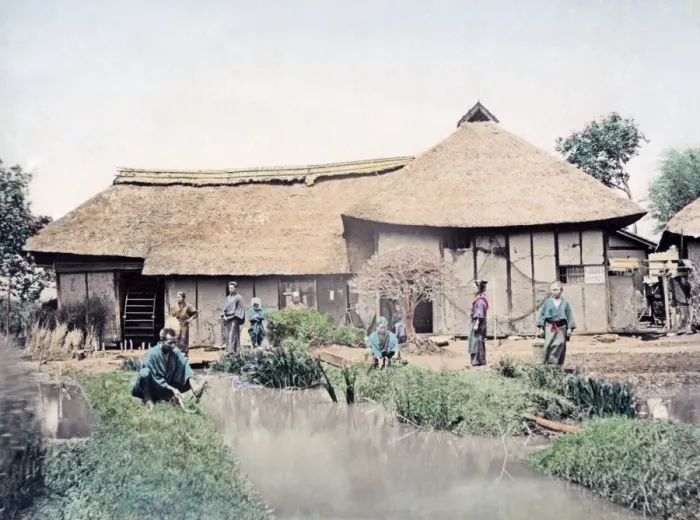 Framed Print : Farmers and farm house, Japan, circa 1880s Framed Print : Farmers and farm house, Japan, circa 1880s