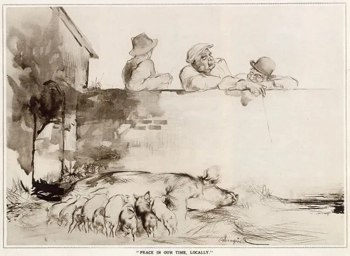 Framed Print : Three farmers lean against a wall, watching the piglets suckling. Date: 1933 Framed Print : Three farmers lean against a wall, watching the piglets suckling. Date: 1933