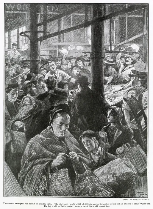 Framed Print : Farringdon Fish Market on Saturday night, Londoners buying unsold fish at auction at very low prices. Date: 1903 Framed Print : Farringdon Fish Market on Saturday night, Londoners buying unsold fish at auction at very low prices. Date: 1903