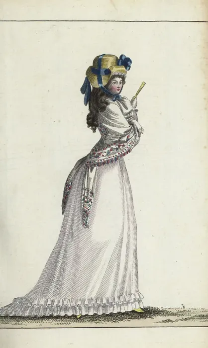 Framed Print : Fashionable English woman with large shawl, 1790 Framed Print : Fashionable English woman with large shawl, 1790