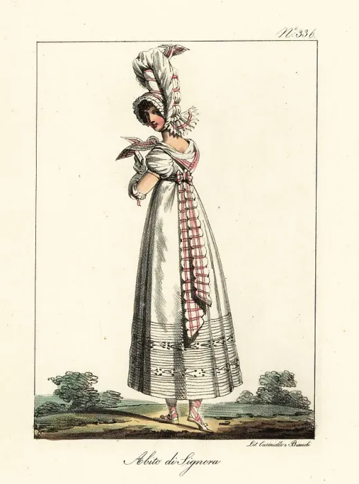 Framed Print : Fashionable French woman in elaborately folded hat, 1814 Framed Print : Fashionable French woman in elaborately folded hat, 1814