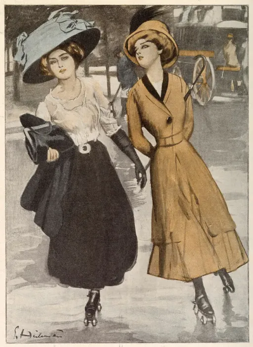 Framed Print : Two fashionable girls skate picturesquely down the street. Date: 1910 Framed Print : Two fashionable girls skate picturesquely down the street. Date: 1910