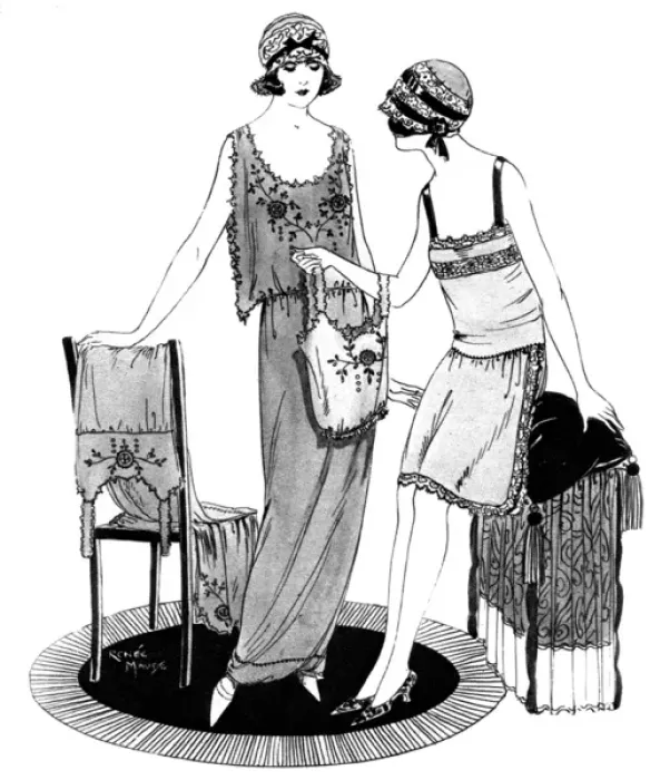 Framed Print : Fashionable ladies discussing a set of undergarments Framed Print : Fashionable ladies discussing a set of undergarments