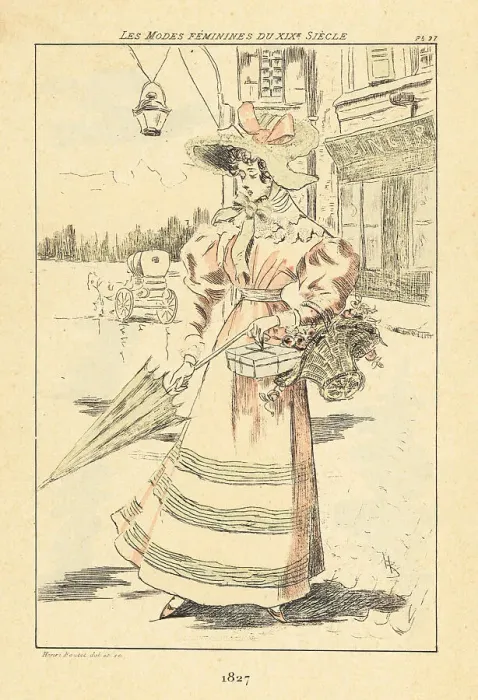 Framed Print : Fashionable lady in front of a dress shop, Paris, 1827 Framed Print : Fashionable lady in front of a dress shop, Paris, 1827