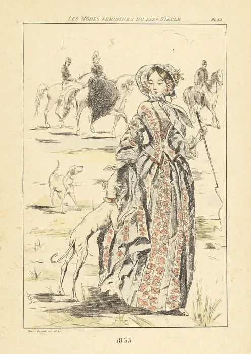 Framed Print : Fashionable lady with hounds at a hunt, Paris, 1853 Framed Print : Fashionable lady with hounds at a hunt, Paris, 1853