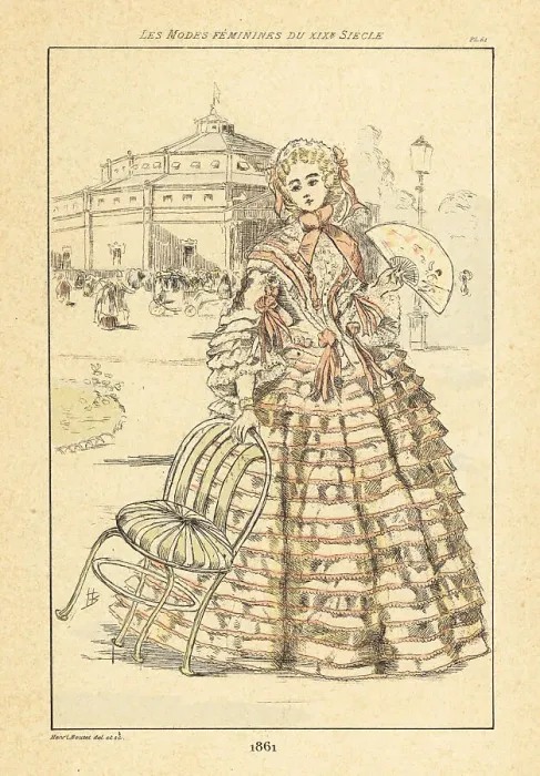 Framed Print : Fashionable lady in front of an octagonal theatre, Paris, 1861 Framed Print : Fashionable lady in front of an octagonal theatre, Paris, 1861