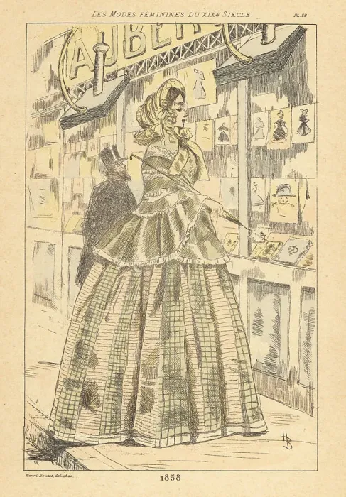 Framed Print : Fashionable lady in front of a printseller, Paris. 1858 Framed Print : Fashionable lady in front of a printseller, Paris. 1858