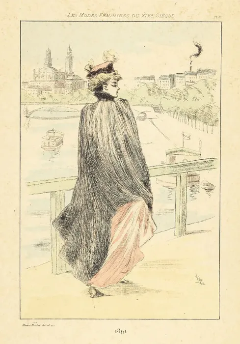 Framed Print : Fashionable lady walking on a bridge over the Seine, Paris, 1891 Framed Print : Fashionable lady walking on a bridge over the Seine, Paris, 1891