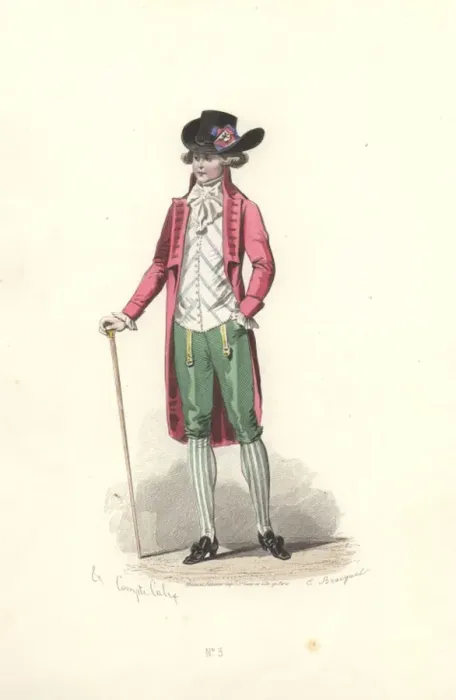 Framed Print : Fashionable man in pink coat, green breeches