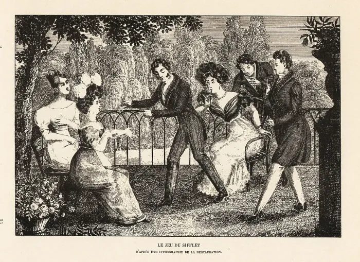 Framed Print : Fashionable people in a garden playing the Whistle Game Framed Print : Fashionable people in a garden playing the Whistle Game