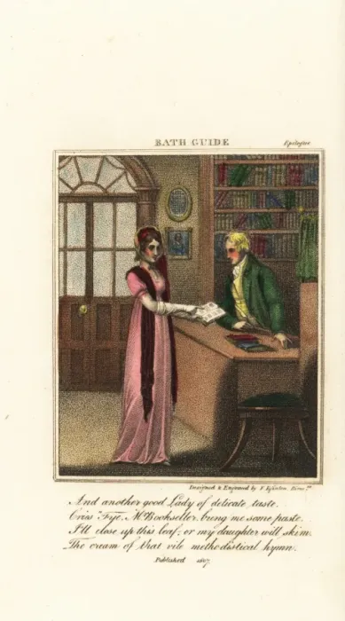 Framed Print : Fashionable Regency woman at a booksellers in Bath Framed Print : Fashionable Regency woman at a booksellers in Bath
