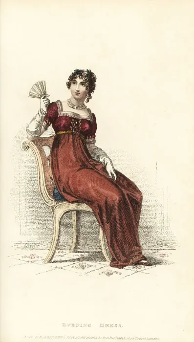 Framed Print : Fashionable Regency woman in crimson evening dress, 1813 Framed Print : Fashionable Regency woman in crimson evening dress, 1813
