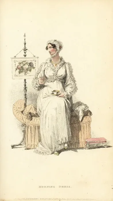 Framed Print : Fashionable Regency woman drinking tea next to a screen, 1814 Framed Print : Fashionable Regency woman drinking tea next to a screen, 1814