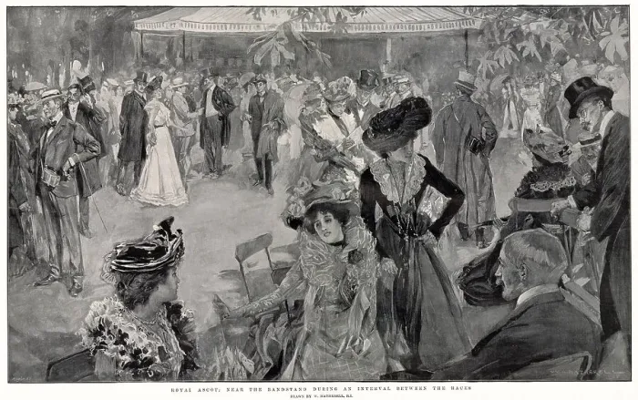 Framed Print : Fashionable society at the Ascot meetings : near the bandstand during an interval between the races Date: 1901 Framed Print : Fashionable society at the Ascot meetings : near the bandstand during an interval between the races Date: 1901