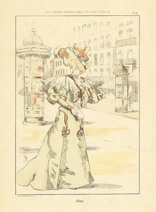 Framed Print : Fashionable woman in front of advertising kiosk, Paris, 1892 Framed Print : Fashionable woman in front of advertising kiosk, Paris, 1892