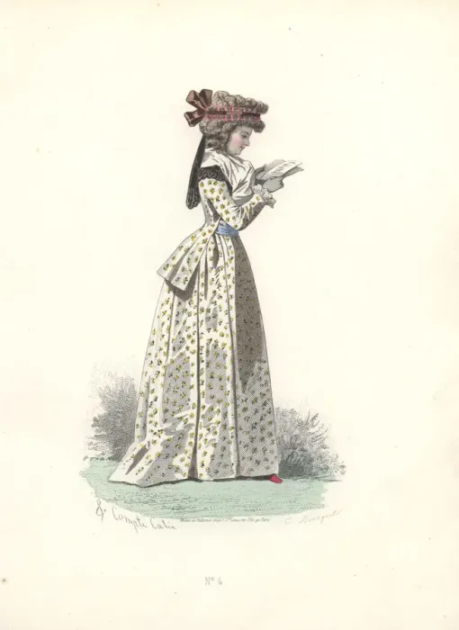 Framed Print : Fashionable woman in bonnet, wearing a floral print long dress and reading a book Framed Print : Fashionable woman in bonnet, wearing a floral print long dress and reading a book