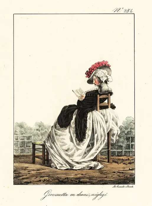 Framed Print : Fashionable woman in casual outfit reading an almanack, French R Framed Print : Fashionable woman in casual outfit reading an almanack, French R