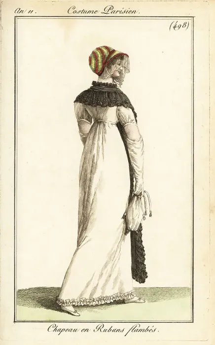 Framed Print : Fashionable woman in colourful ribbon bonnet, Paris, 1803 Framed Print : Fashionable woman in colourful ribbon bonnet, Paris, 1803