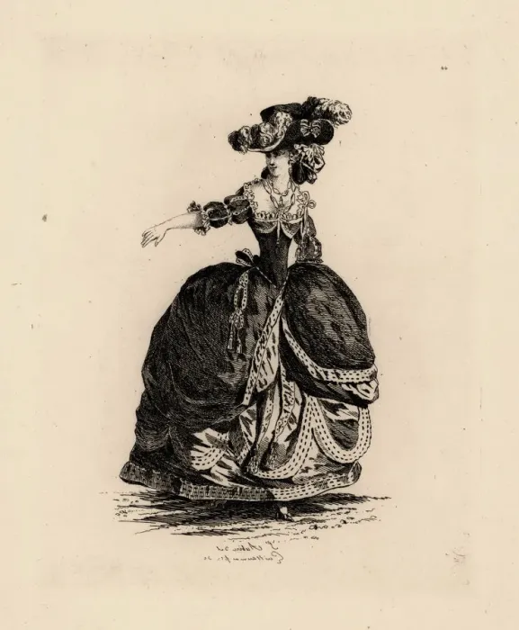 Framed Print : Fashionable woman in drape skirt, era of Marie Antoinette Framed Print : Fashionable woman in drape skirt, era of Marie Antoinette