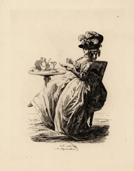 Framed Print : Fashionable woman drinking coffee, era of Marie Antoinette Framed Print : Fashionable woman drinking coffee, era of Marie Antoinette