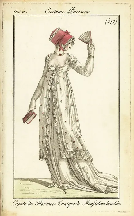 Framed Print : Fashionable woman with fan and almanac, Paris, 1802 Framed Print : Fashionable woman with fan and almanac, Paris, 1802