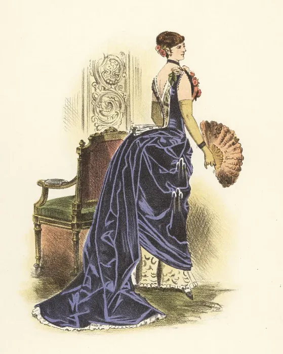Framed Print : Fashionable woman in a lavish gown with huge bustle and train, 1 Framed Print : Fashionable woman in a lavish gown with huge bustle and train, 1
