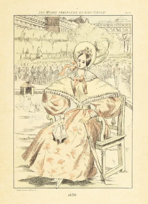 Framed Print : Fashionable woman listening to a band in a park, Paris, 1836 Framed Print : Fashionable woman listening to a band in a park, Paris, 1836