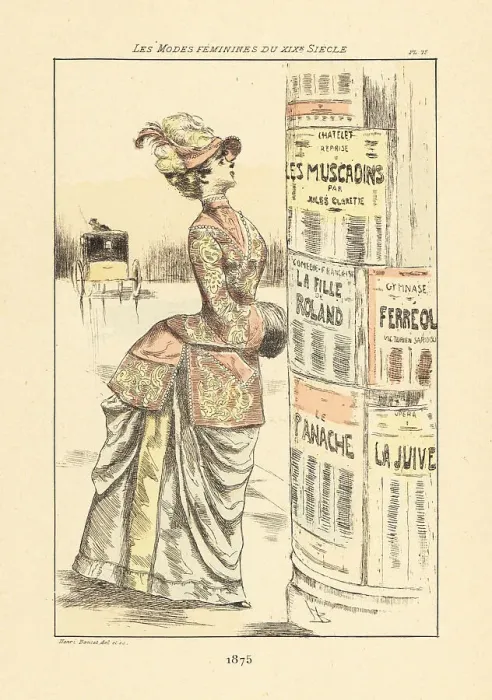 Framed Print : Fashionable woman looking at a Colonne Morris, Paris, 1875 Framed Print : Fashionable woman looking at a Colonne Morris, Paris, 1875