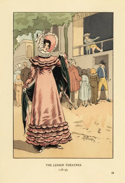 Framed Print : Fashionable woman at an outdoor play, Paris, 1819 Framed Print : Fashionable woman at an outdoor play, Paris, 1819