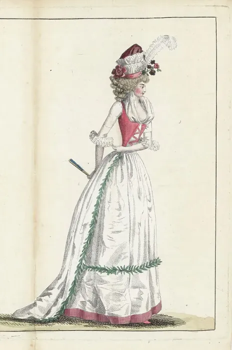 Framed Print : Fashionable woman in pink and white outfit, 1790 Framed Print : Fashionable woman in pink and white outfit, 1790