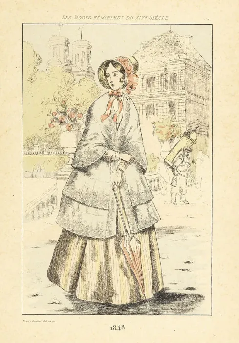 Framed Print : Fashionable woman promenading in a park, Paris, 1848 Framed Print : Fashionable woman promenading in a park, Paris, 1848