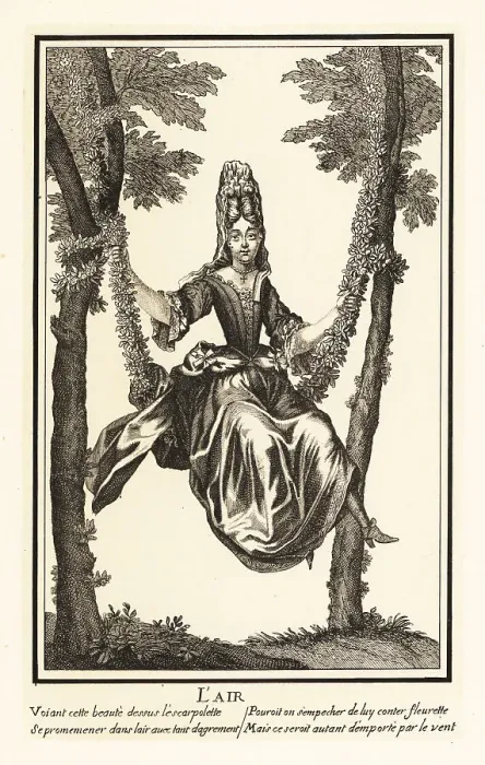 Framed Print : Fashionable woman sitting on a swing, 18th century Framed Print : Fashionable woman sitting on a swing, 18th century