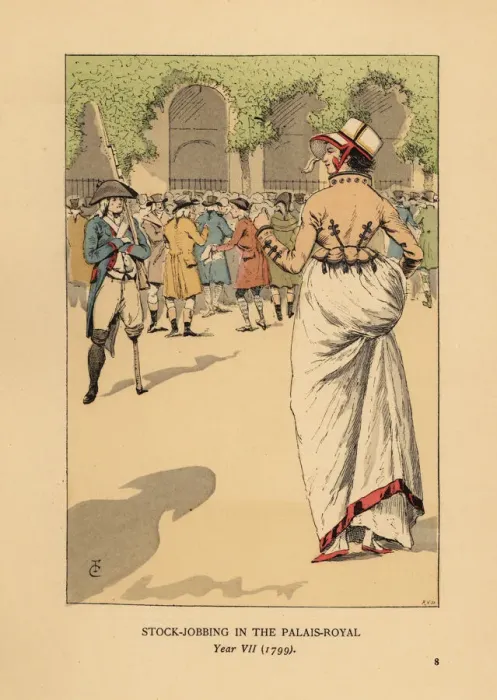 Framed Print : Fashionable woman with speculators or agioteurs, Paris Framed Print : Fashionable woman with speculators or agioteurs, Paris