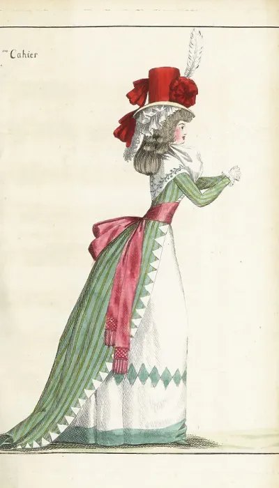 Framed Print : Fashionable woman in striped green gown, 1790 Framed Print : Fashionable woman in striped green gown, 1790