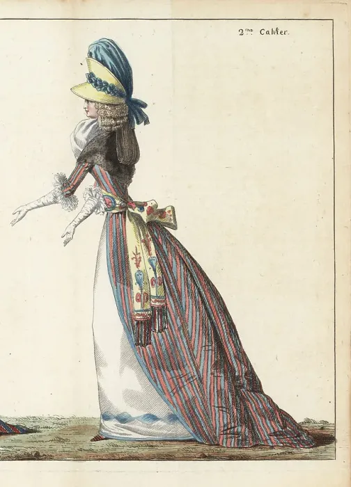 Framed Print : Fashionable woman in striped satin robe, 1790 Framed Print : Fashionable woman in striped satin robe, 1790