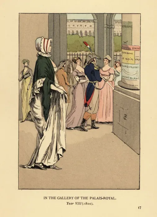 Framed Print : Fashionable woman strolling through the Palais Royal, 1800 Framed Print : Fashionable woman strolling through the Palais Royal, 1800