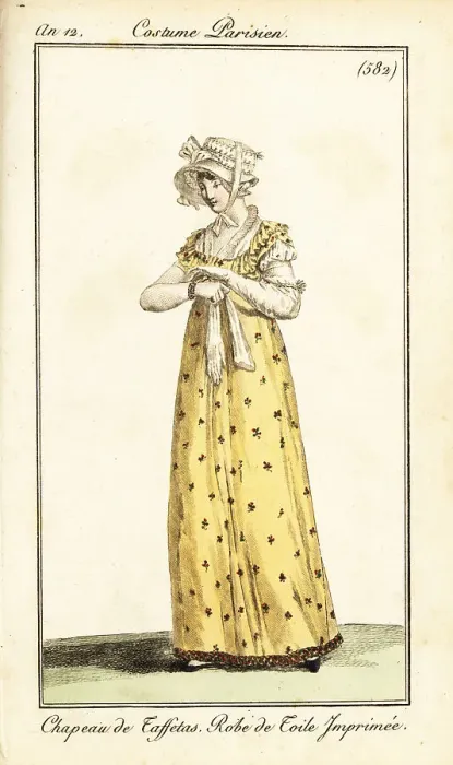 Framed Print : Fashionable woman in taffeta bonnet and printed toile dress Framed Print : Fashionable woman in taffeta bonnet and printed toile dress