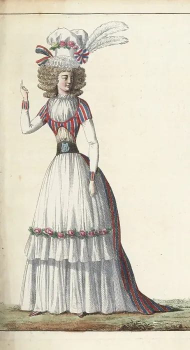 Framed Print : Fashionable woman in tricolor bonnet and bodice, 1790 Framed Print : Fashionable woman in tricolor bonnet and bodice, 1790